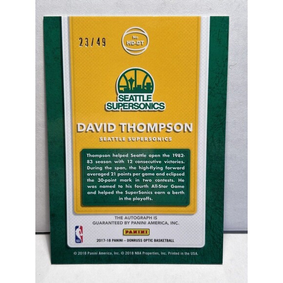 2017 Donruss Optic Hall Dominator  /49 David Thompson Auto Seattle Super Sonics - Picture 3 of 4